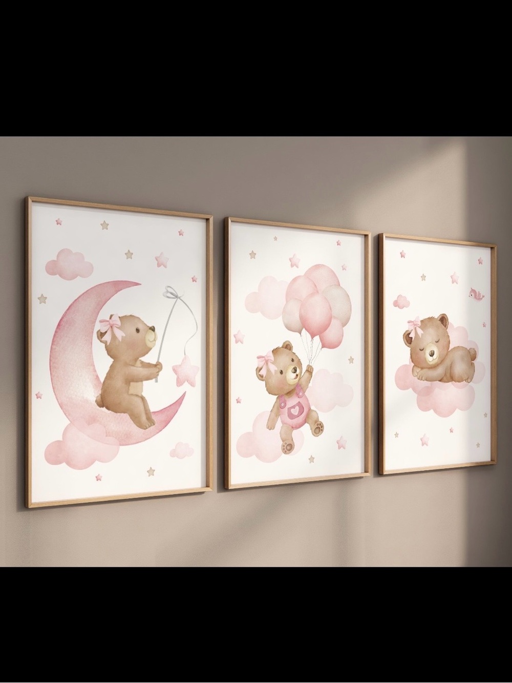 Pink Teddy Bear Nursery Wall Art Set of 3 Pieces